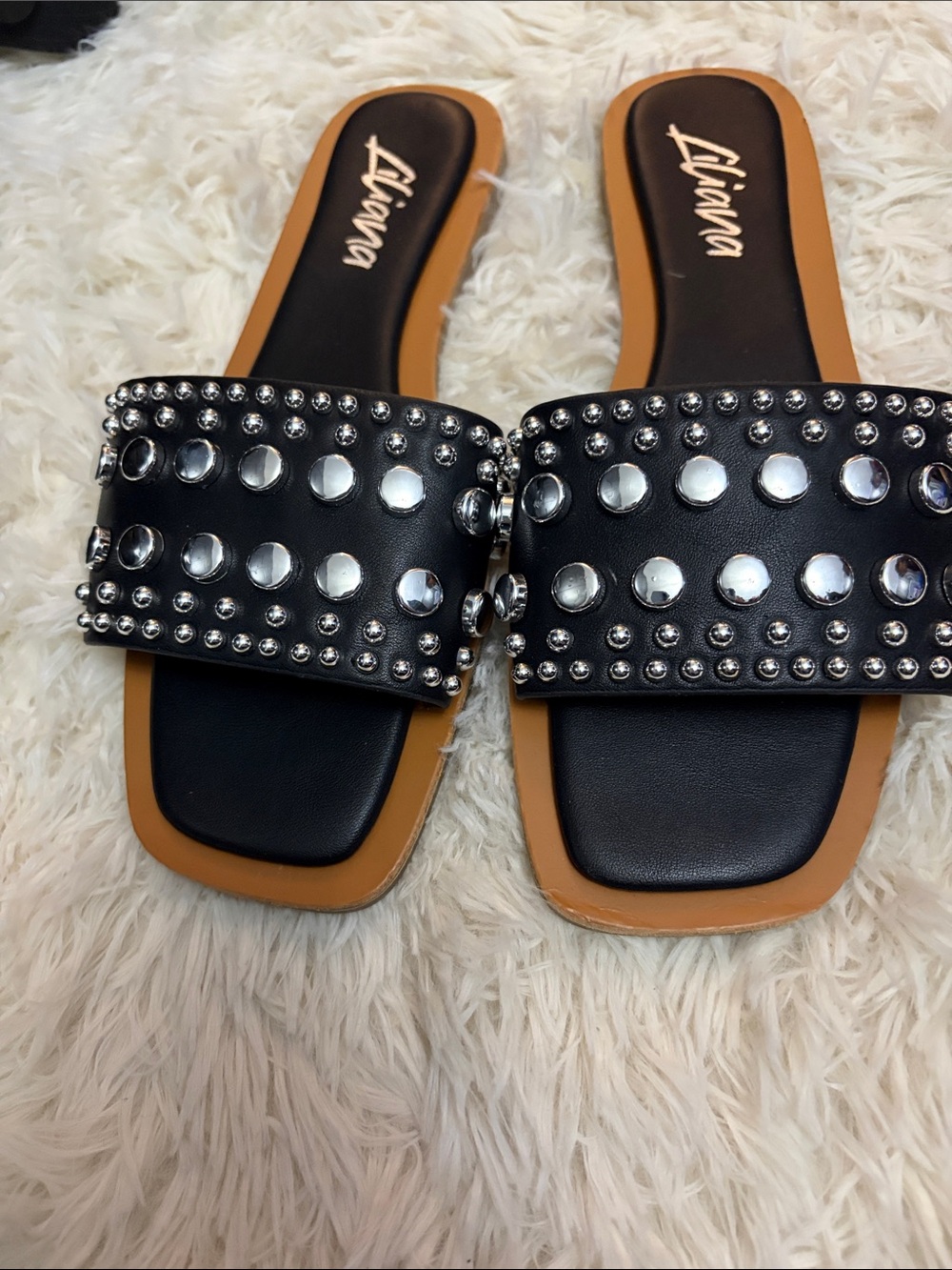 Liliana Black Slide Sandals with Silver Stud Accents
